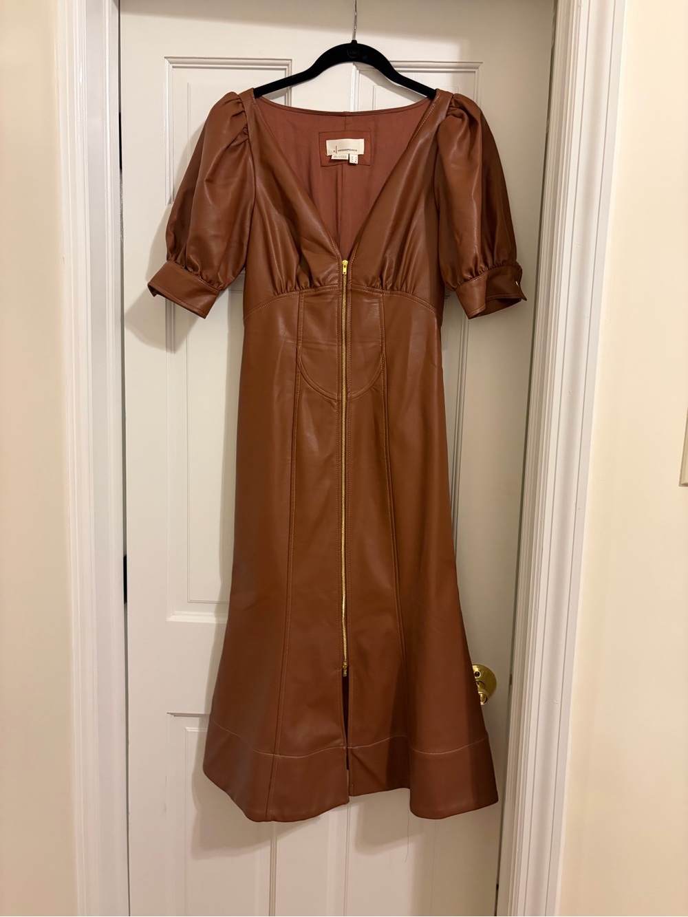 Anthropologie Brown Faux Leather Puff-Sleeve Midi Dress